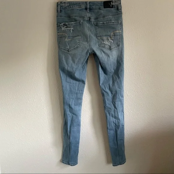 American Eagle Jeggings Super Stretch High Rise Skinny Light Wash Distressed - Picture 8 of 11